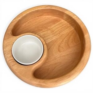 VTG Crate and Barrel Wooden Chip And Dip Bowl Serving White Ceramic Classic